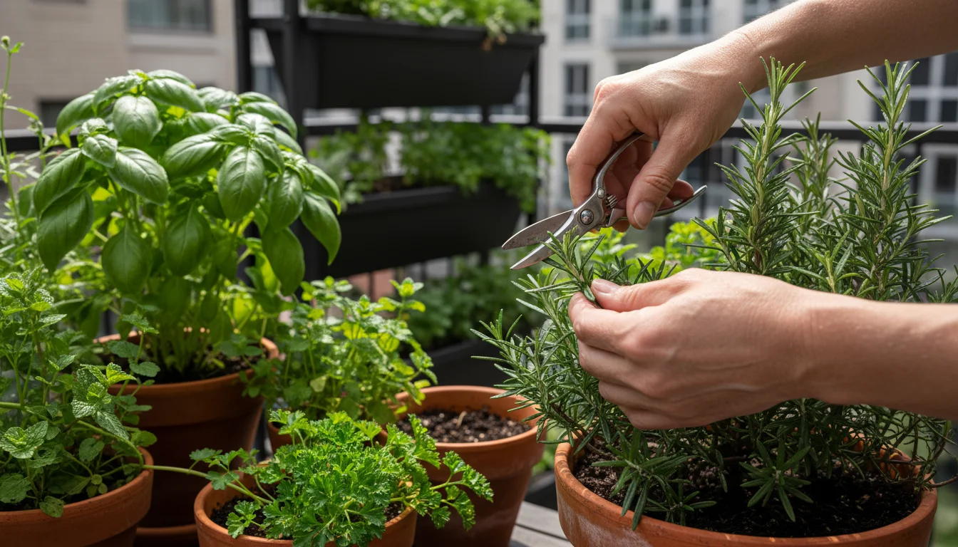 A person's hands gently snips rosemary sprigs from a pot on a sunny balcony, with other potted herbs like basil and mint visible.