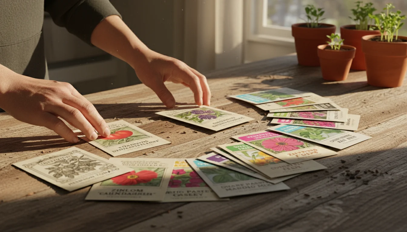 Person's hands sort through 15-20 colorful heirloom and herb seed packets spread on a wooden kitchen island, with small terracotta pots nearby.