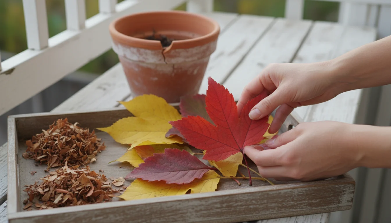 A person's hands sorting healthy, vibrant autumn leaves in a rustic wooden tray, with shredded leaves and a balcony garden in the background.
