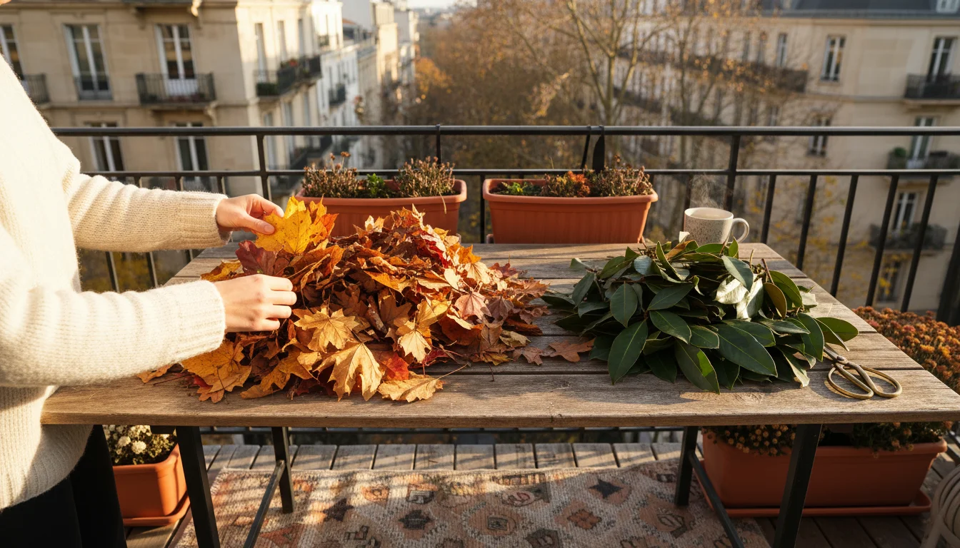Person's hands sorting leaves on a balcony table, distinguishing a large pile of dry, golden leaves from a small pile of dark, wet ones.
