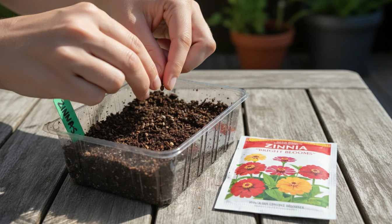 Person's hands gently sow tiny seeds into a repurposed berry punnet on a sun-dappled patio table, with a 'Pak Choi' seed packet.