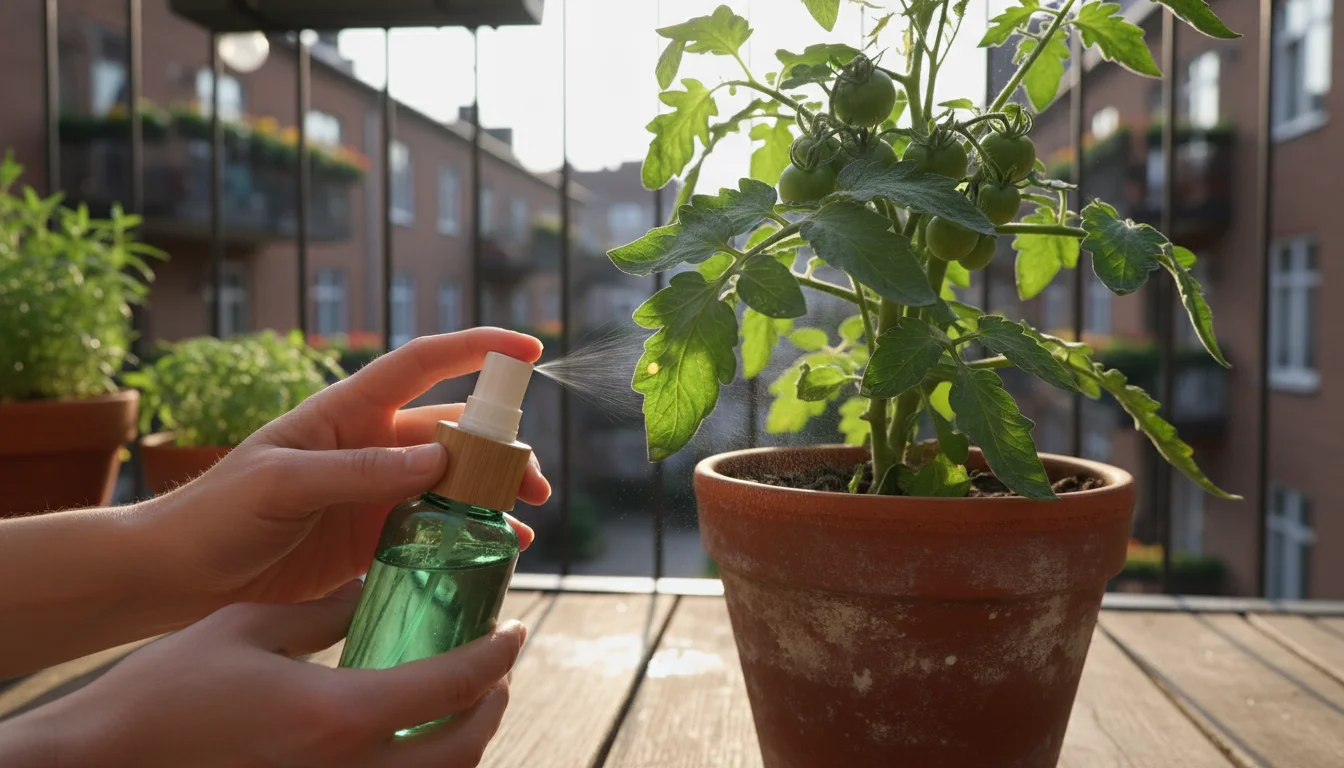 A person's hands gently spray insecticidal soap onto the underside of a tomato plant leaf in a pot on a sunny balcony.