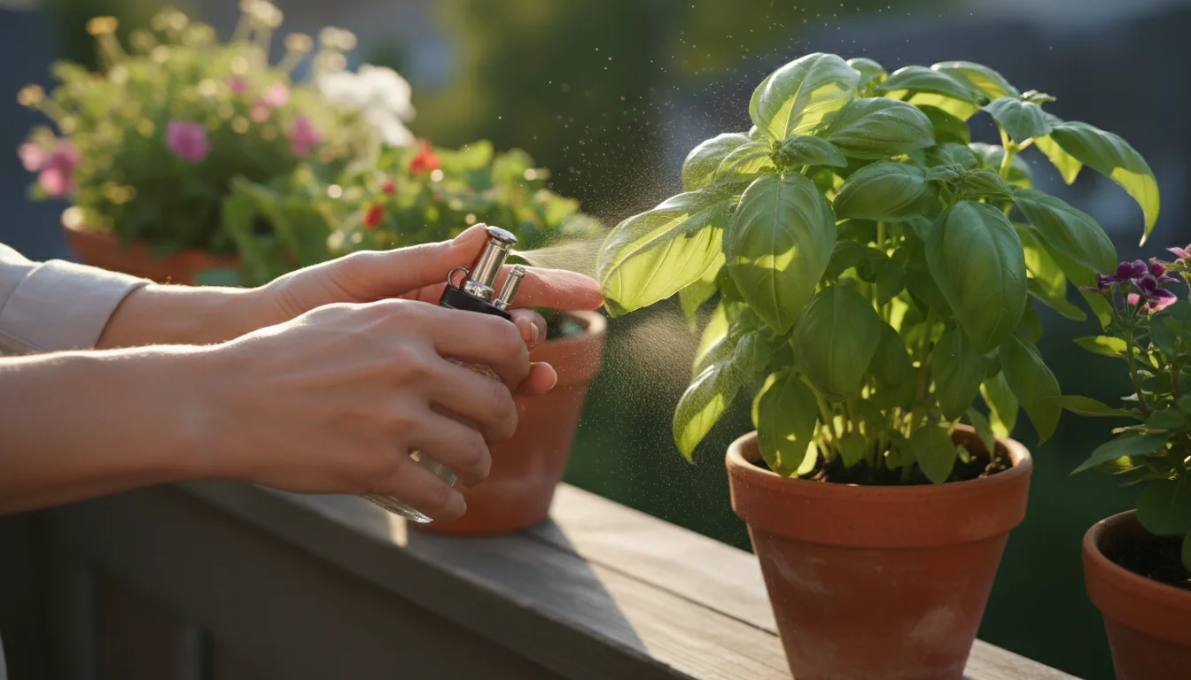 Person's hands gently spray water onto a basil plant's leaves on a sunny balcony, treating a small pest infestation.