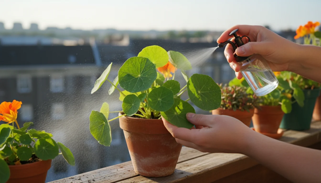 Person's hands spraying a potted nasturtium plant with a natural aphid treatment on a sunny balcony.