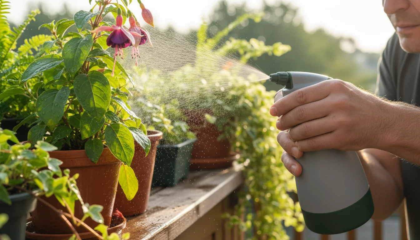 Person's hands spraying undersides of leaves on a potted fuchsia with a garden sprayer on a balcony railing in soft light.