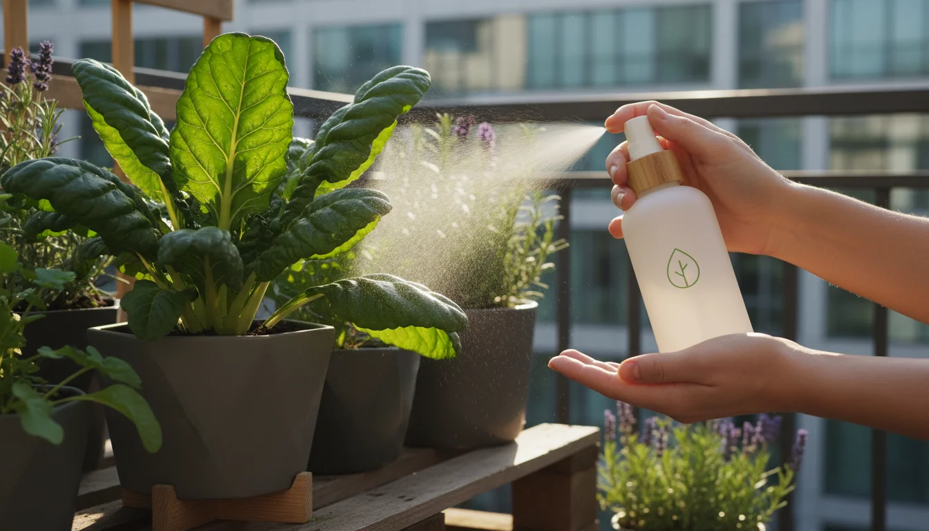 Person's hands spraying water or organic pest control onto Swiss chard in a balcony container garden.