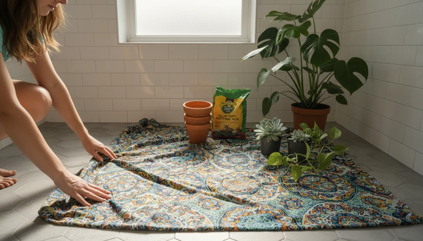 Person's hands spread a colorful shower curtain over a tiled bathroom floor, preparing a tidy workspace for repotting plants in a small apartment.
