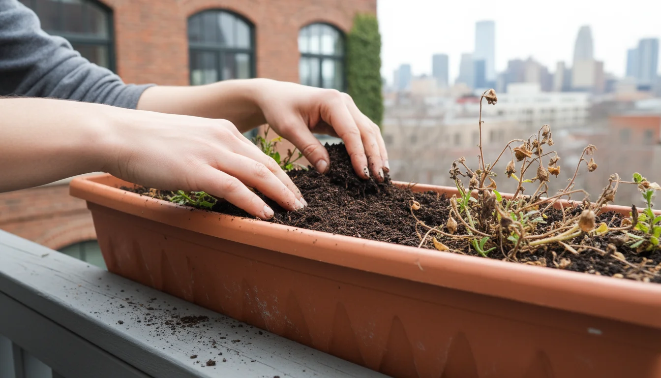 A person's hands gently spread dark compost over dormant soil in a terracotta window box on an urban balcony.