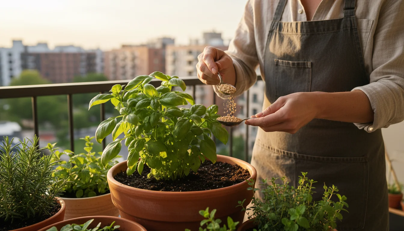 A person's hands sprinkle granular Bti onto soil of a potted basil plant on a sunlit balcony, other plants visible.