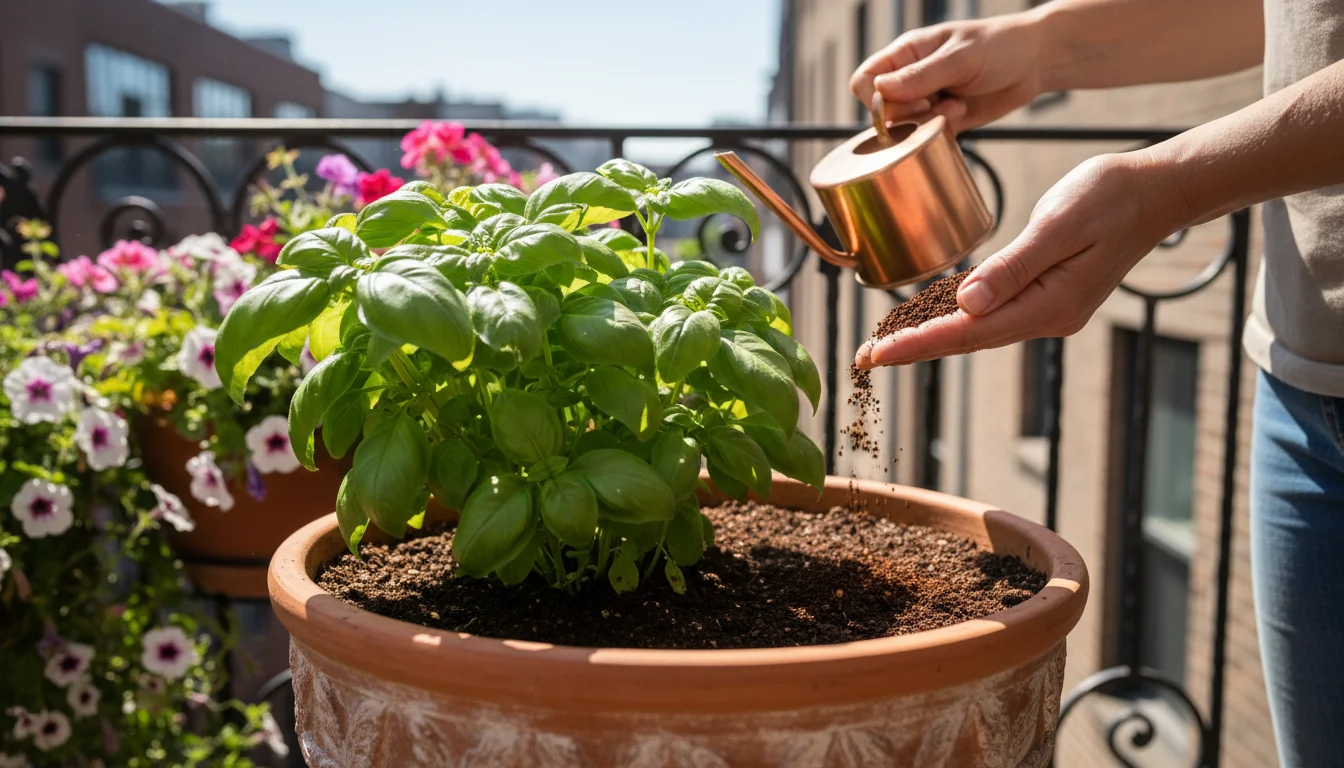 A person's hands sprinkling coffee grounds over soil in a terracotta pot with herbs, while adjusting a bamboo skewer on a sunny balcony.