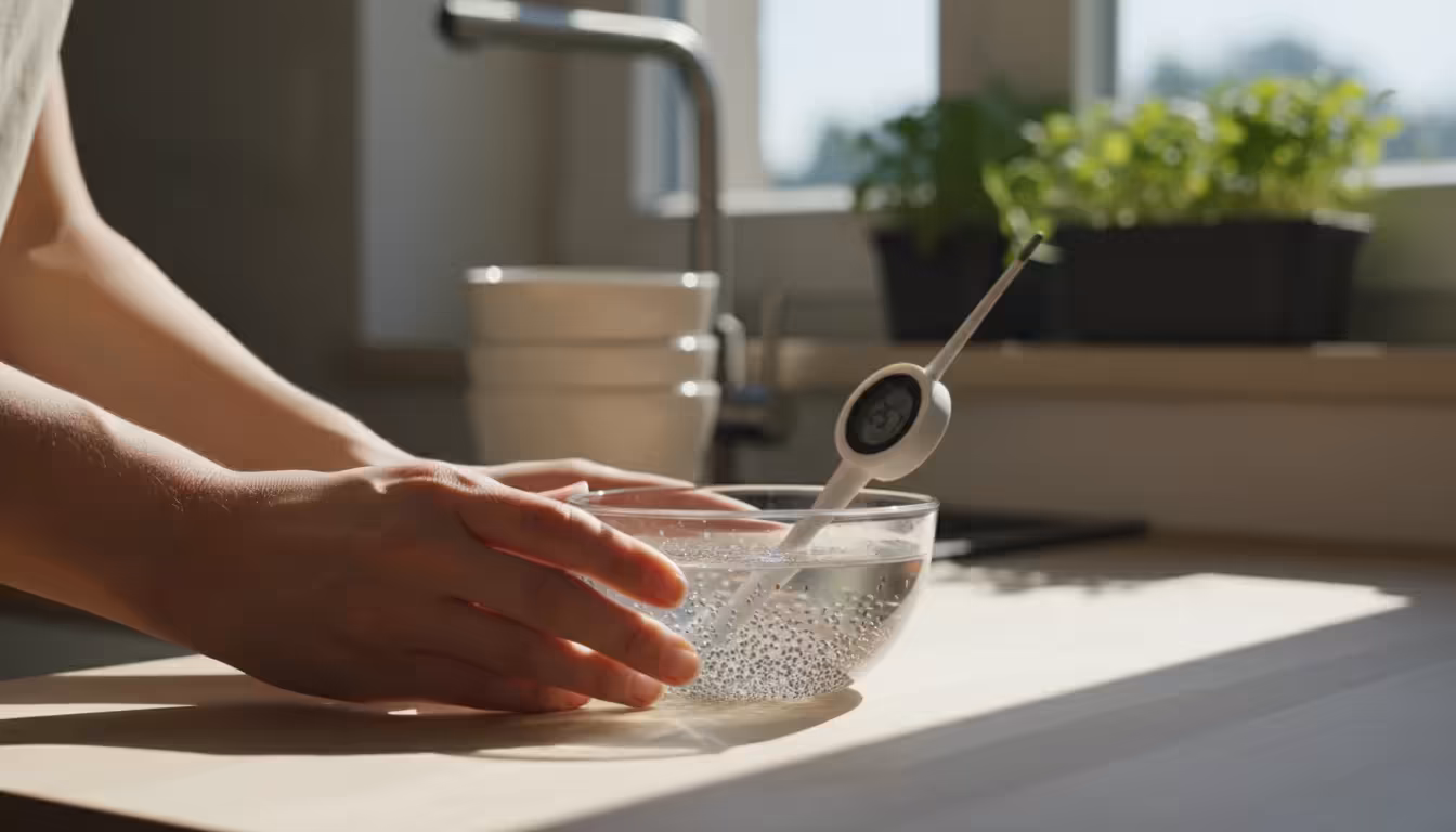 A person's hands gently steady a glass bowl of seeds in water with a digital thermometer showing 122°F on a kitchen counter.