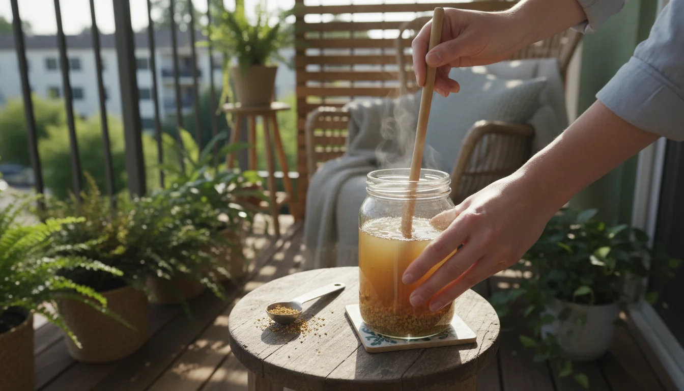 A person's hands stirring Mosquito Bits in a clear glass jar on a small balcony table, preparing a Bti solution for plants.
