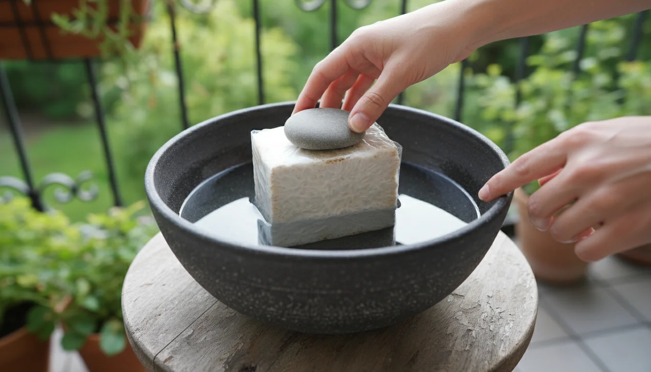 A person's hands submerge a mushroom growing block with a cut in a ceramic bowl of water, held down by a stone on a balcony table.