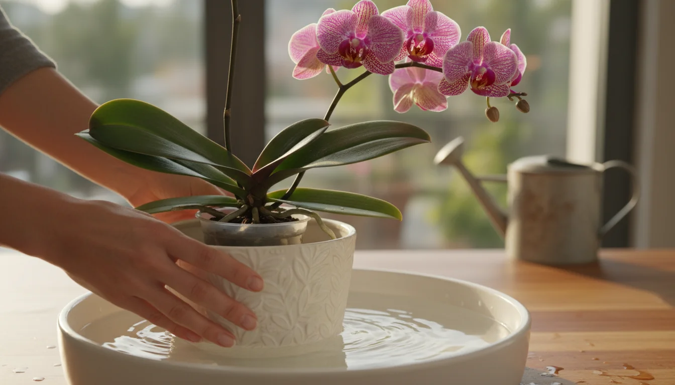 A person's hands submerge a potted Phalaenopsis orchid in a water-filled basin on a sunlit wooden table.