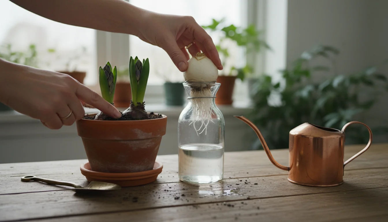 A person's hands tending to a terracotta pot with hyacinth shoots and a glass vase with paperwhite bulb roots in water.