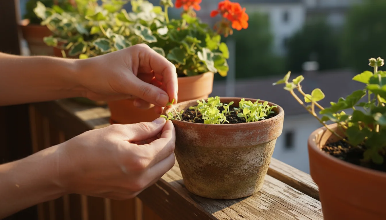A person's hands gently thin tiny lettuce seedlings in a terracotta pot on a sunny wooden balcony railing.