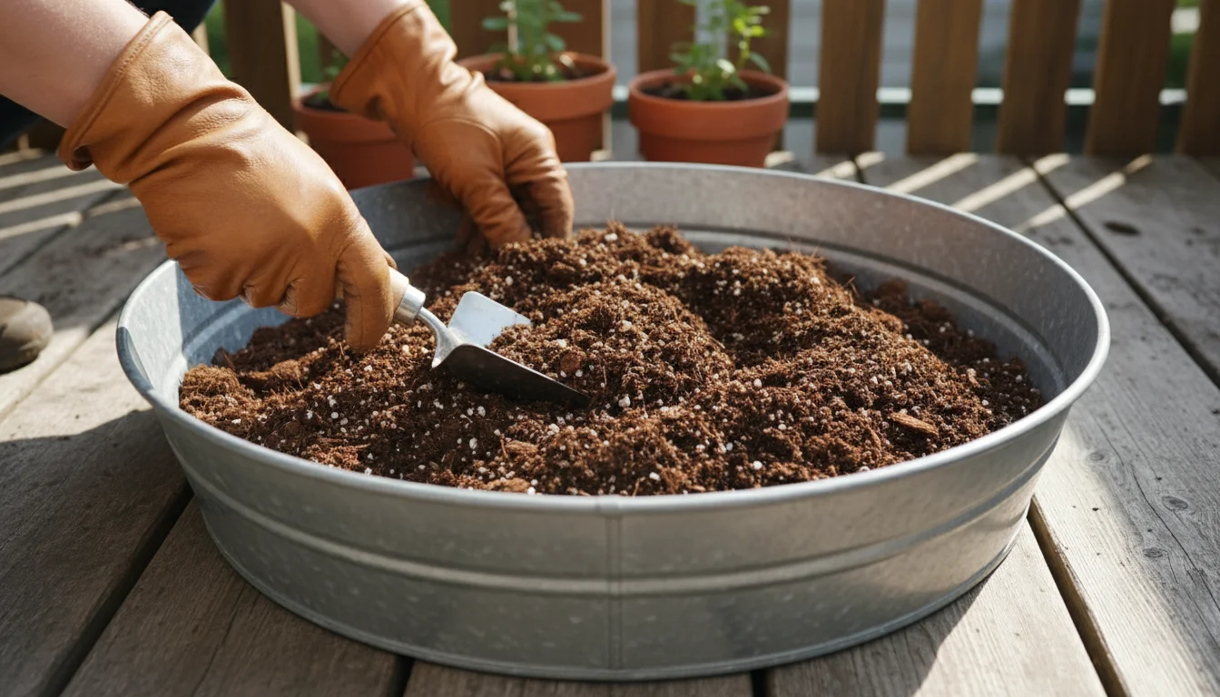 A person's hands thoroughly mixing dark potting soil and worm castings in a metal tub on a balcony floor, with empty terracotta pots and a plant nearb