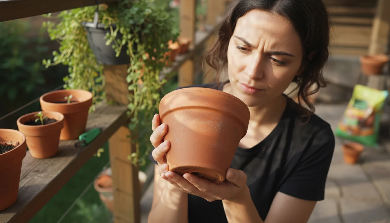 A person's hands thoughtfully examine the interior and drainage of an empty terracotta plant pot on a small patio.