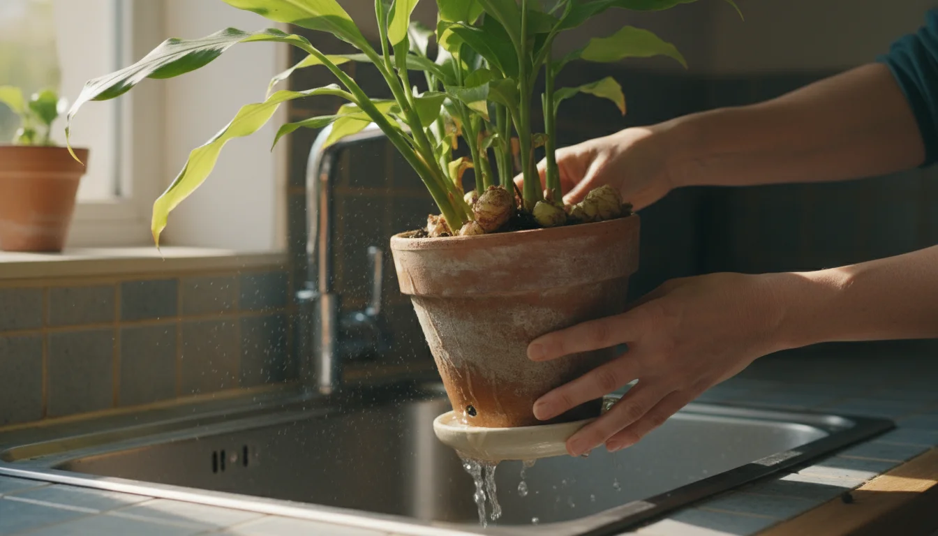 Person's hands gently tilt a terracotta pot with a green ginger plant, emptying excess water from its saucer into a kitchen sink.