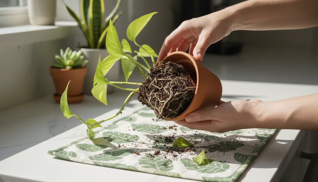 Person's hands gently tip a droopy Pothos plant from its terracotta pot to inspect exposed roots and soil for problems.