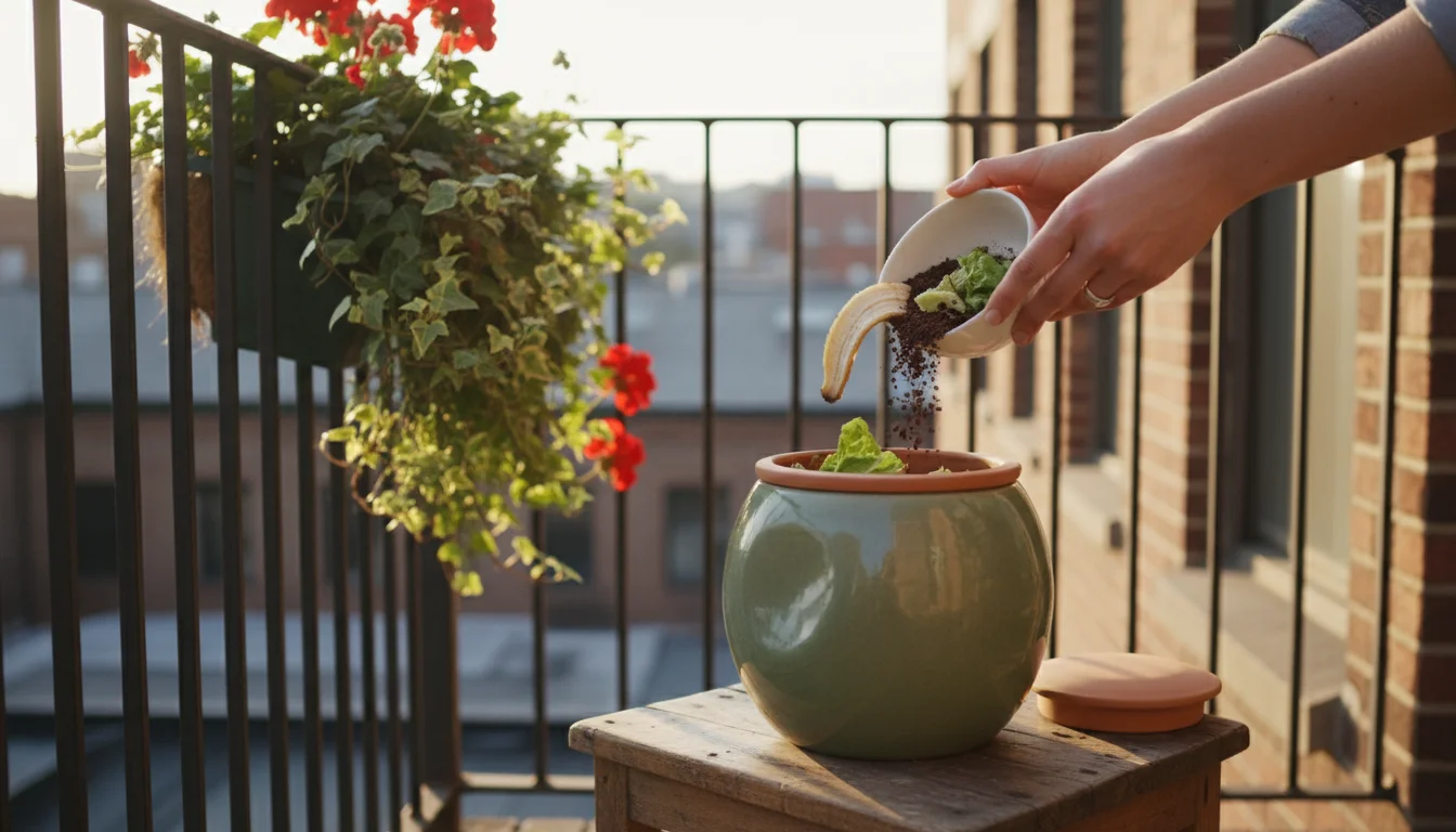 Person's hands tipping a bowl of fruit/vegetable scraps and coffee grounds into a small patio composting crock.