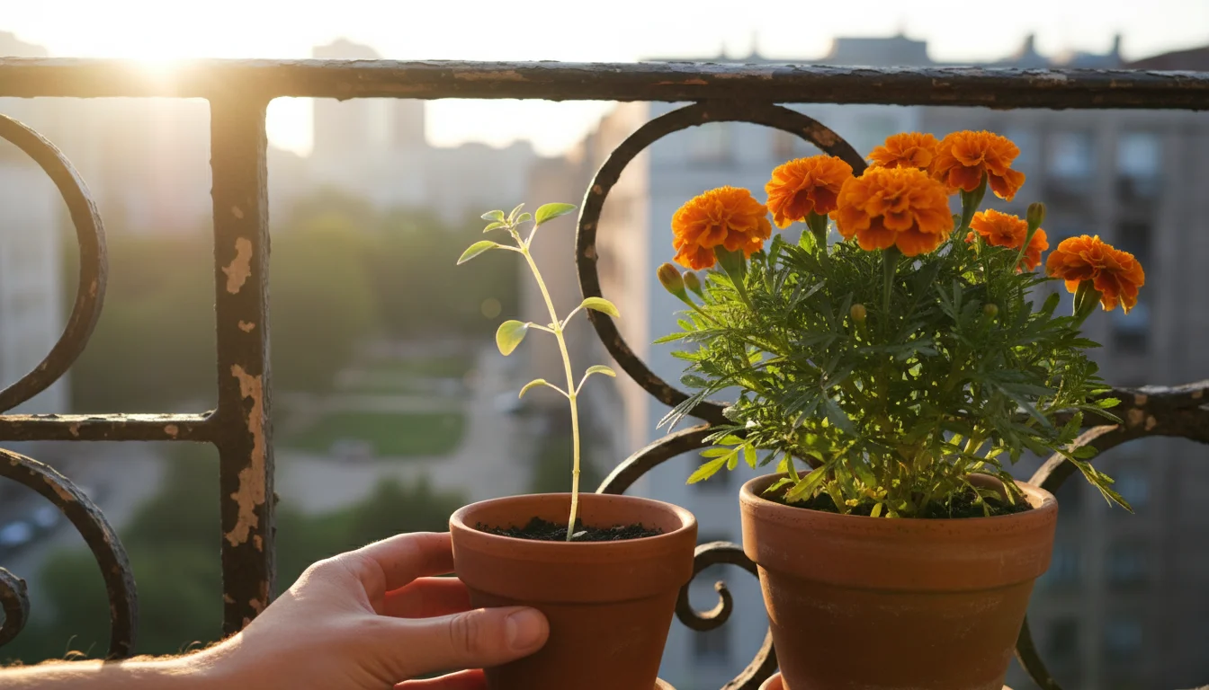 Person's hands gently touch a leggy basil seedling in a terracotta pot on a balcony, next to a healthy marigold.