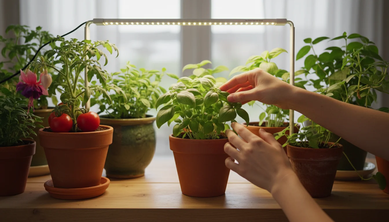 A person's hands gently touch lush green leaves of a potted herb under an LED grow light, surrounded by other thriving container plants on a wood shel