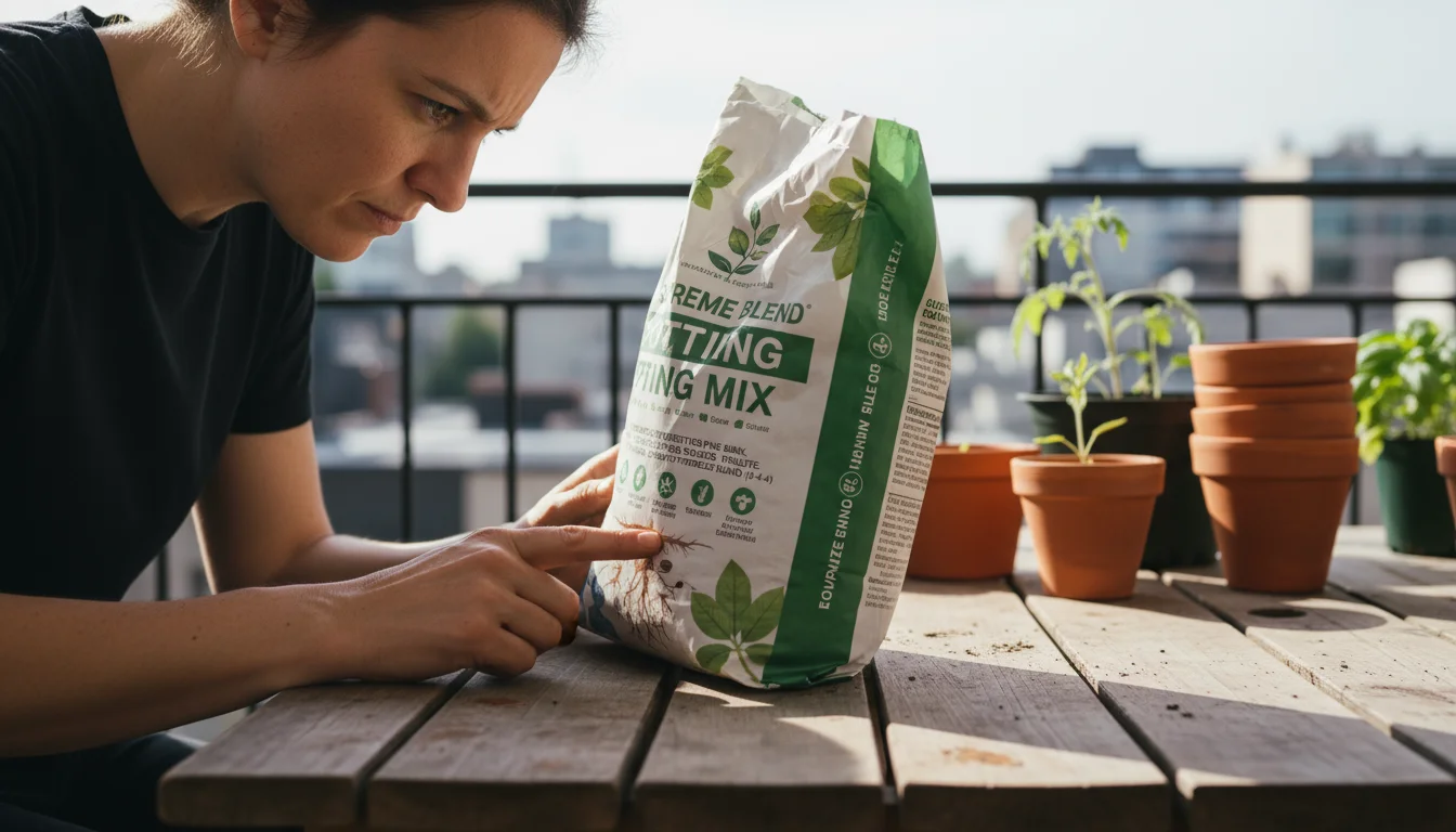 Close-up of a person's hands tracing and reading the ingredient label on a large bag of potting mix on a balcony.