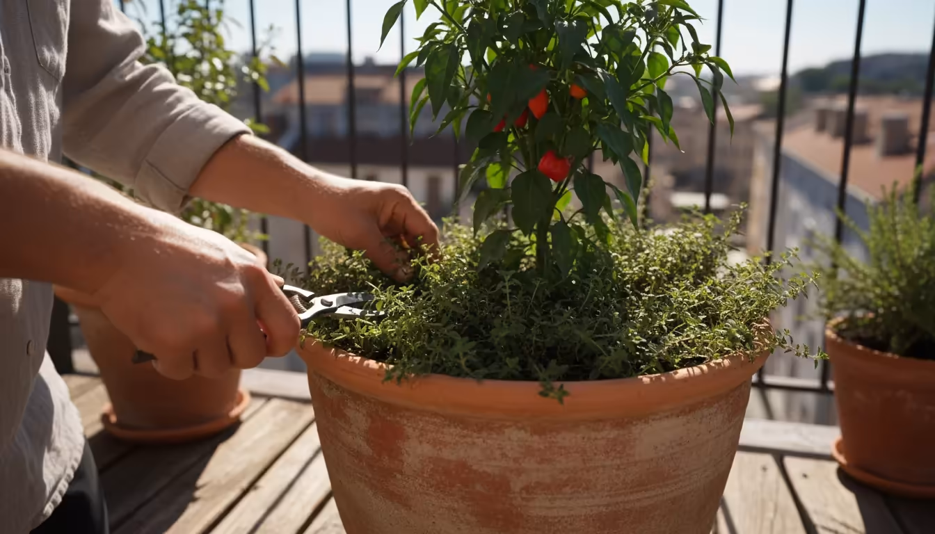 A person's hands trim edible groundcover around a pepper plant in a large terracotta pot on a sunny balcony, showing healthy growth.