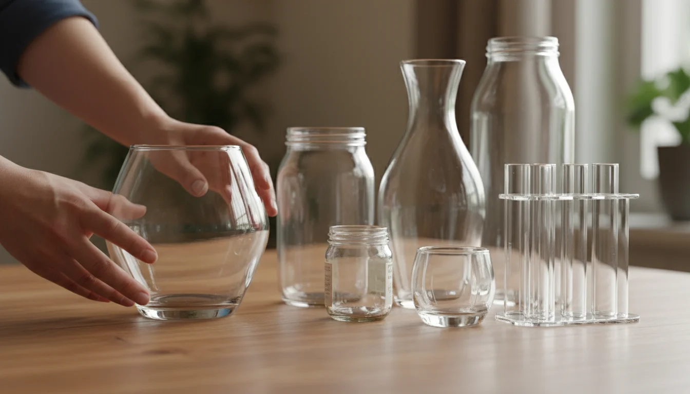 A person's hands gently turn a clean, empty glass vase on a wood surface, surrounded by various other clear glass jars and containers.