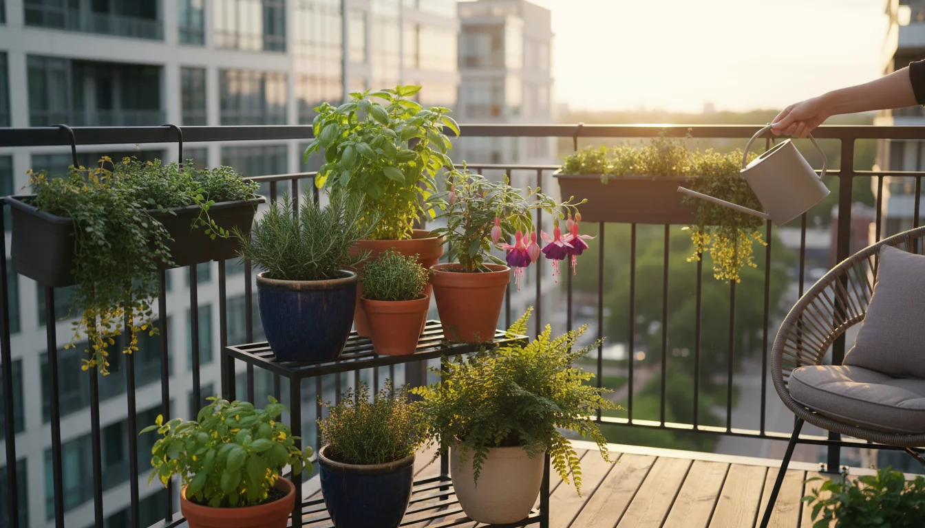 A person's hands gently turn a healthy basil plant in a terracotta pot on an urban balcony, surrounded by other thriving container plants on a tiered 