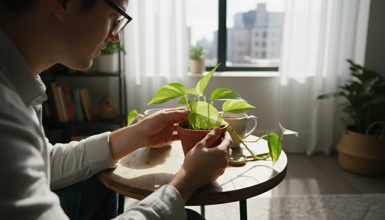 A person's hands gently turn a Pothos plant leaf to inspect its underside for pests or disease on a small wooden side table.