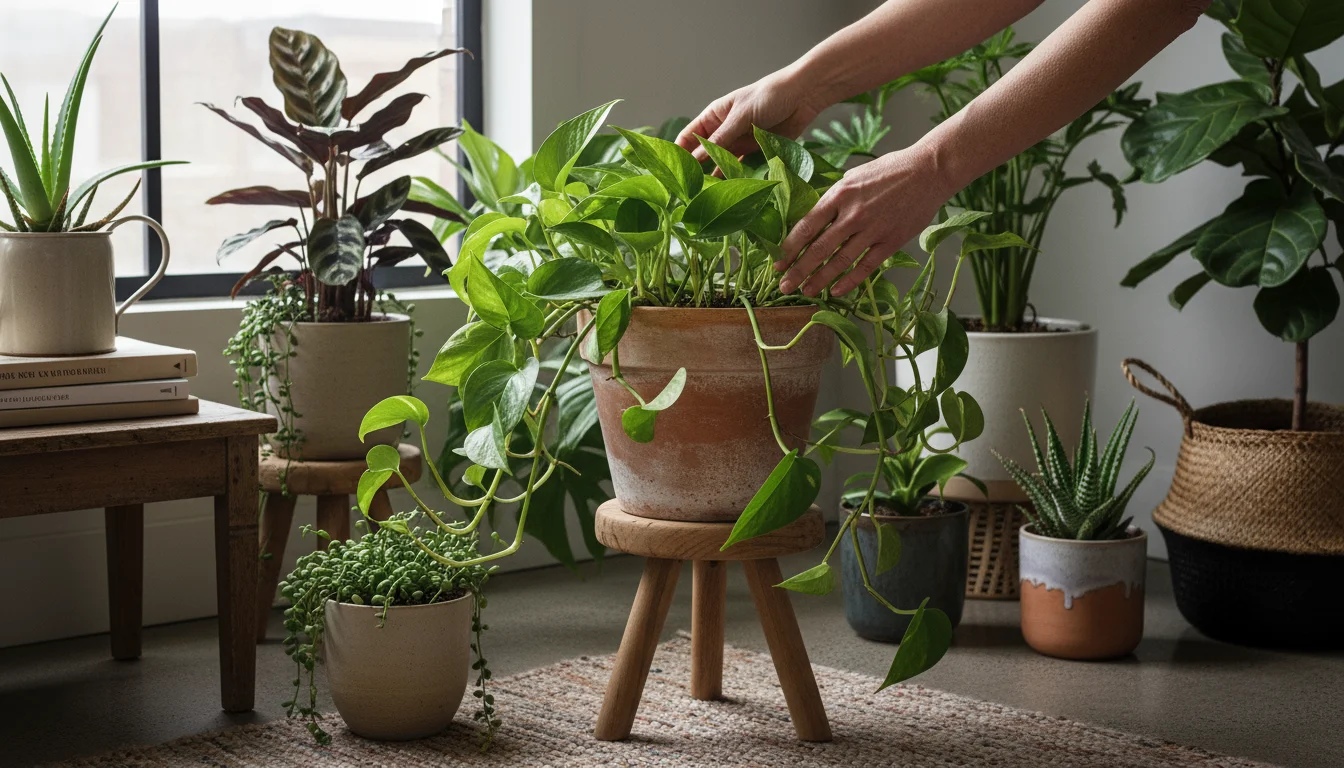A person's hands gently turn a Pothos plant in a terracotta pot on a wooden stand by a window, surrounded by other green foliage plants and a small gr