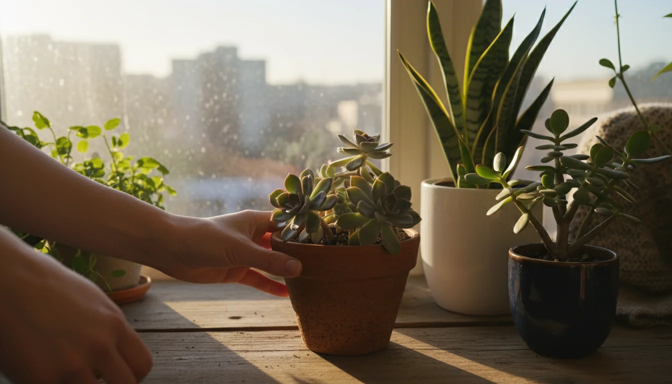 A person's hands gently turn a potted Echeveria succulent on a bright windowsill, optimizing its exposure to golden winter sunlight.