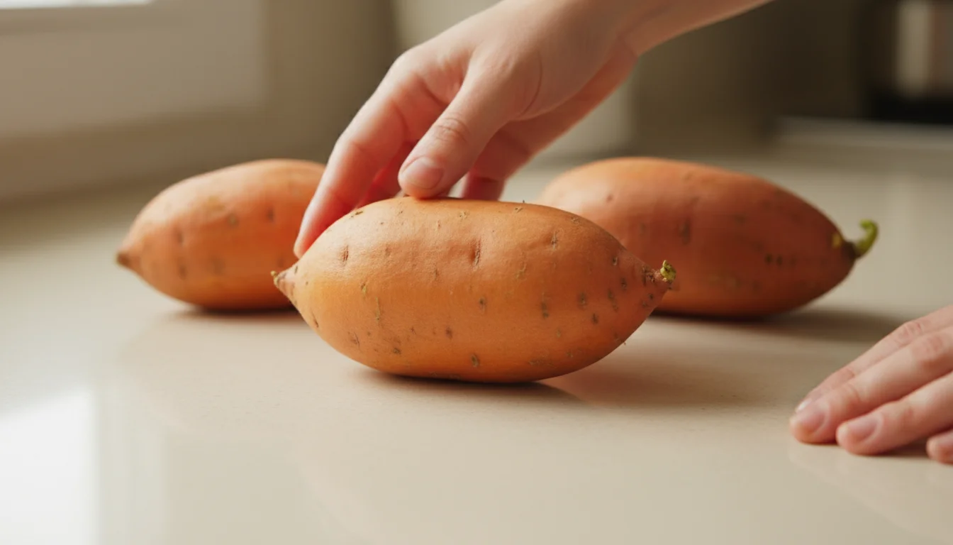A person's hands gently turn a smooth, firm orange sweet potato on a light counter, with other potatoes blurred behind.