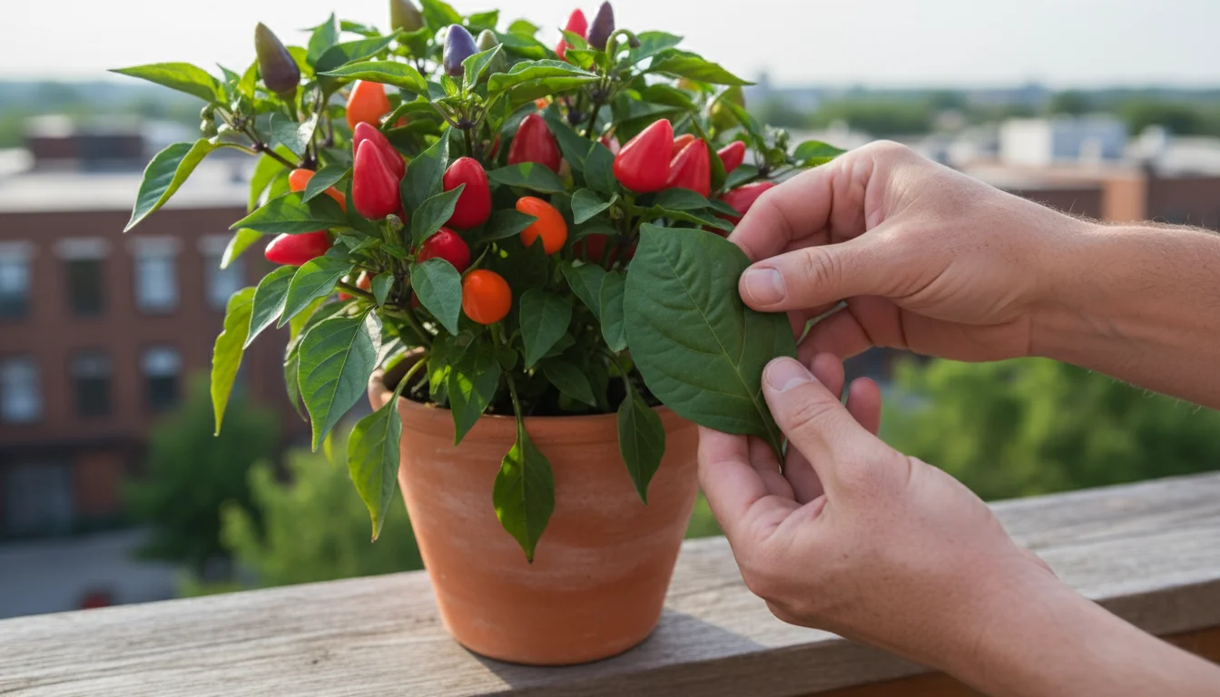 Person's hands gently turn a vibrant ornamental pepper leaf to inspect its underside in a terracotta pot on a sunny balcony.