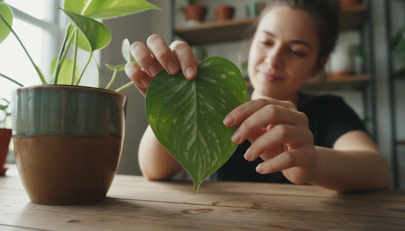Person's hands gently turning a vibrant green houseplant leaf to inspect its underside on a rustic wooden shelf in a sun-dappled indoor garden.