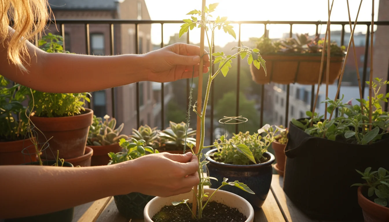 A person's hands gently tying a tall, leafy plant to a bamboo stake in a pot on a sunny balcony, surrounded by other container plants.