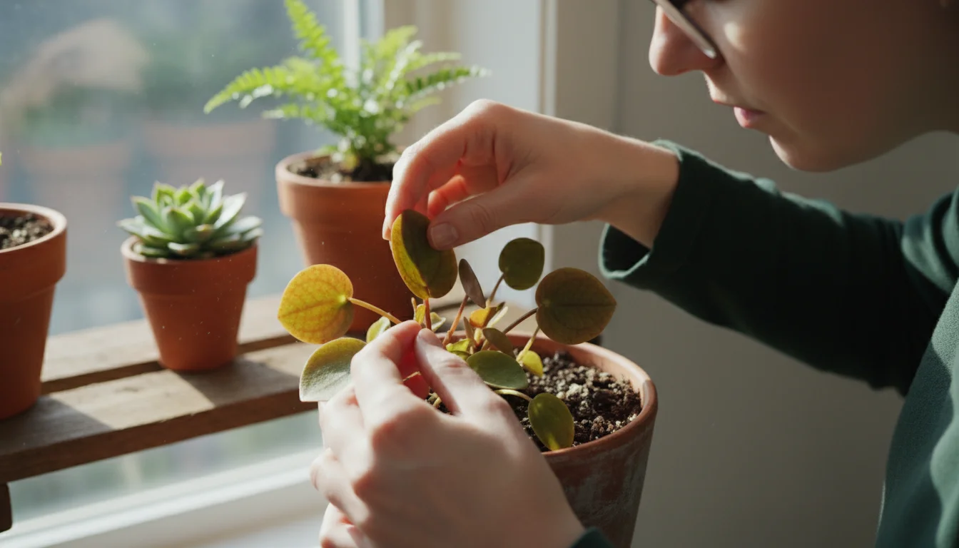 Person's hands gently examining the underside of a leafy houseplant on a bright windowsill, with other potted plants nearby.