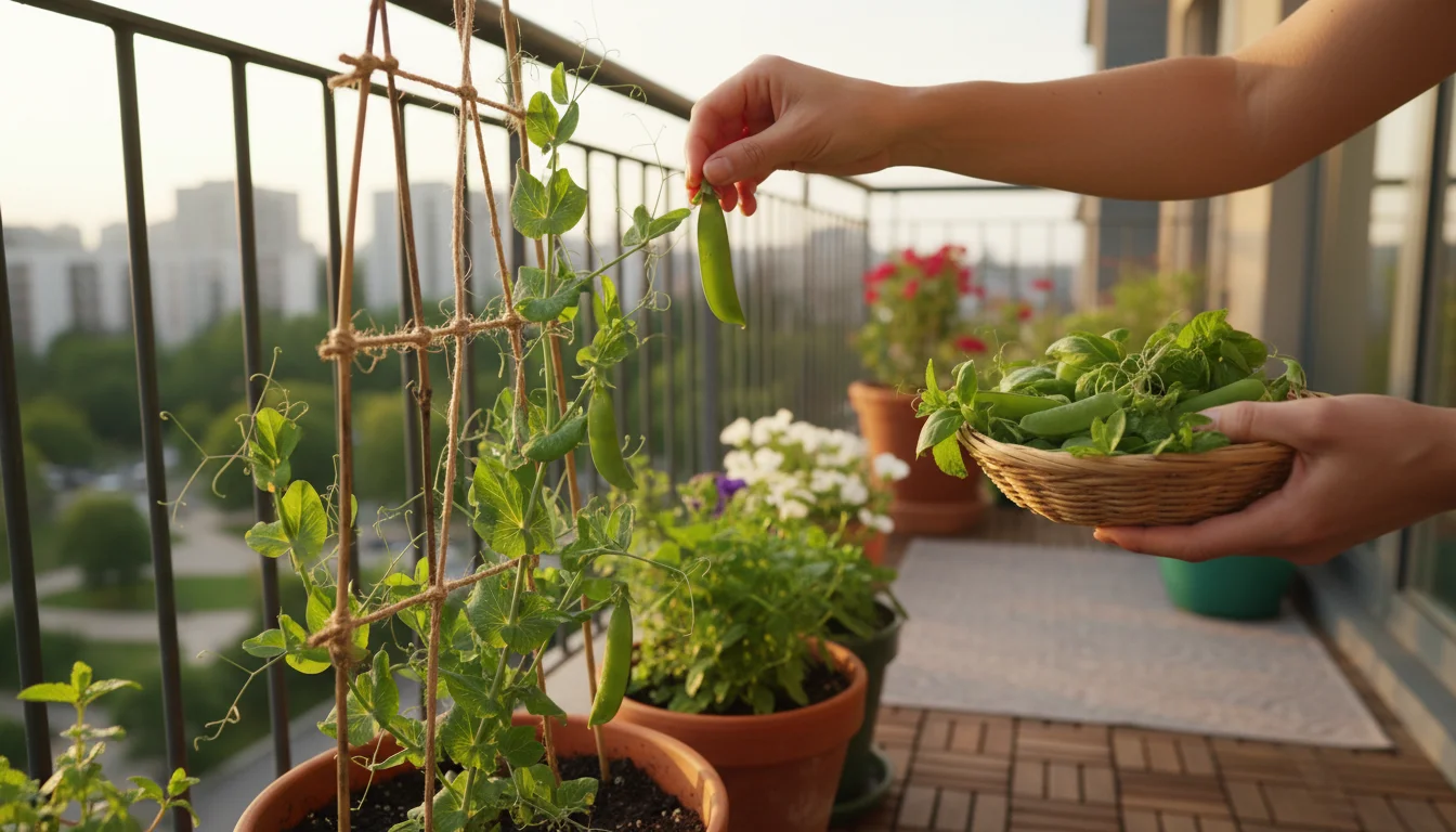 A person's hands on an urban balcony, one gently picking a sugar snap pea pod from a vertical trellis, the other opening a freshly picked pod to revea