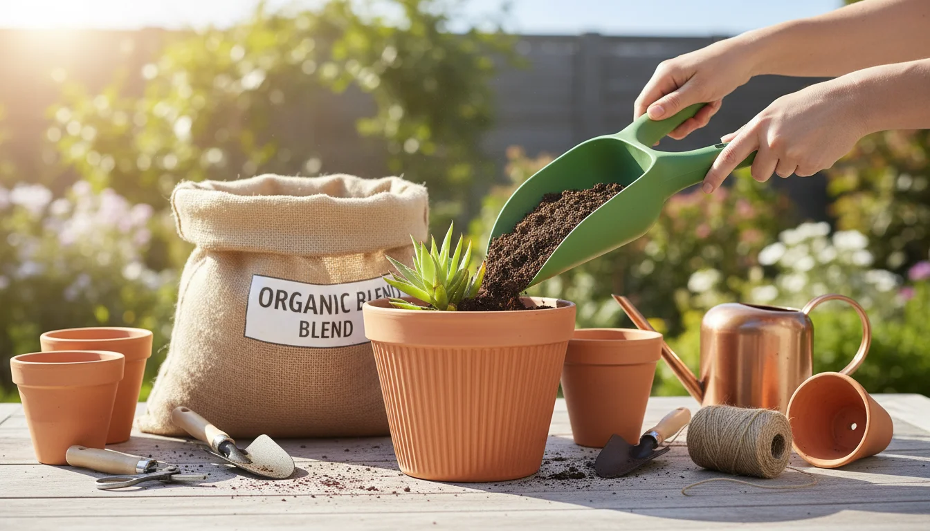 Person's hands use a large green potting scoop to fill a terracotta pot with soil on a tidy wooden patio table, showcasing effortless container garden