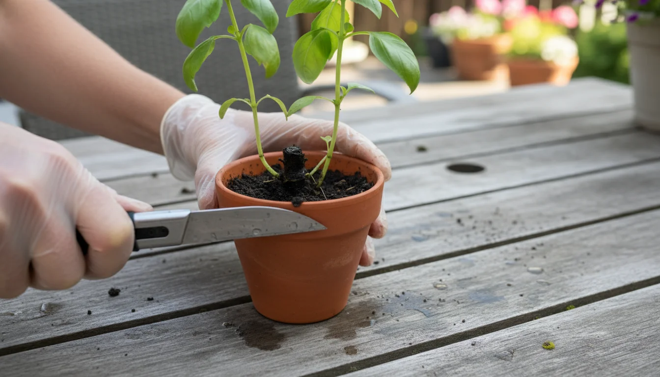 Person's hands use a small knife to cut a black, mushy stem from a potted basil plant on a patio table.