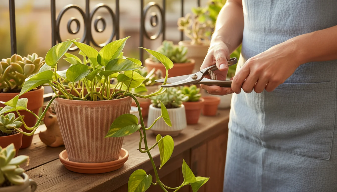 A person's hands use small pruning shears to cut a Pothos stem below a node on a sunlit balcony, propagating the plant.