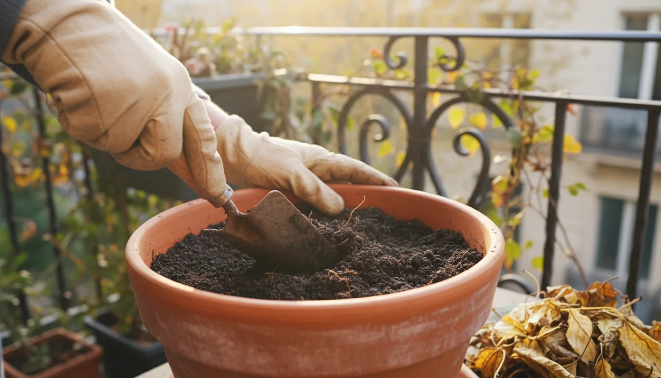 A person's hands use a small trowel to loosen the top layer of dark soil in a terracotta pot on a patio, with removed plant debris nearby.