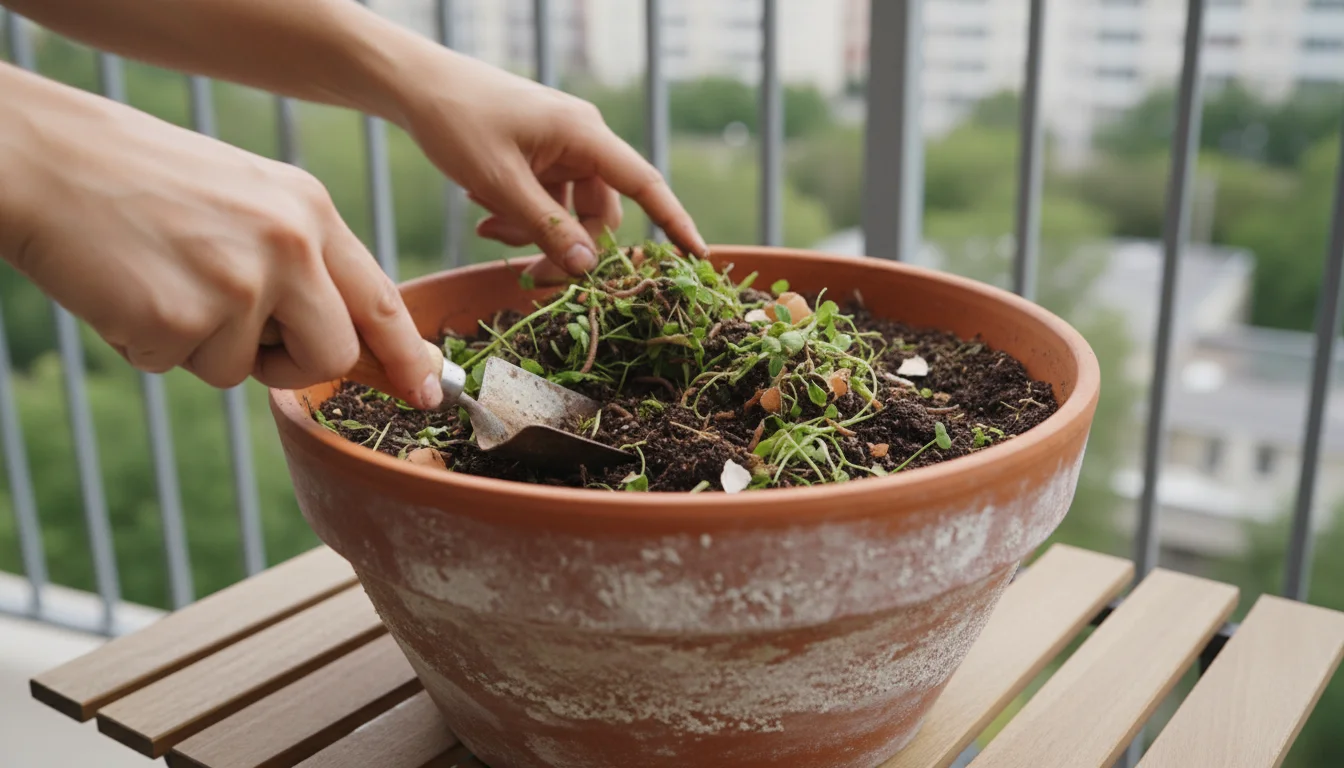 A person's hands use a small trowel to mix chopped, decomposing cover crop material into dark potting soil within a large terracotta pot on a balcony