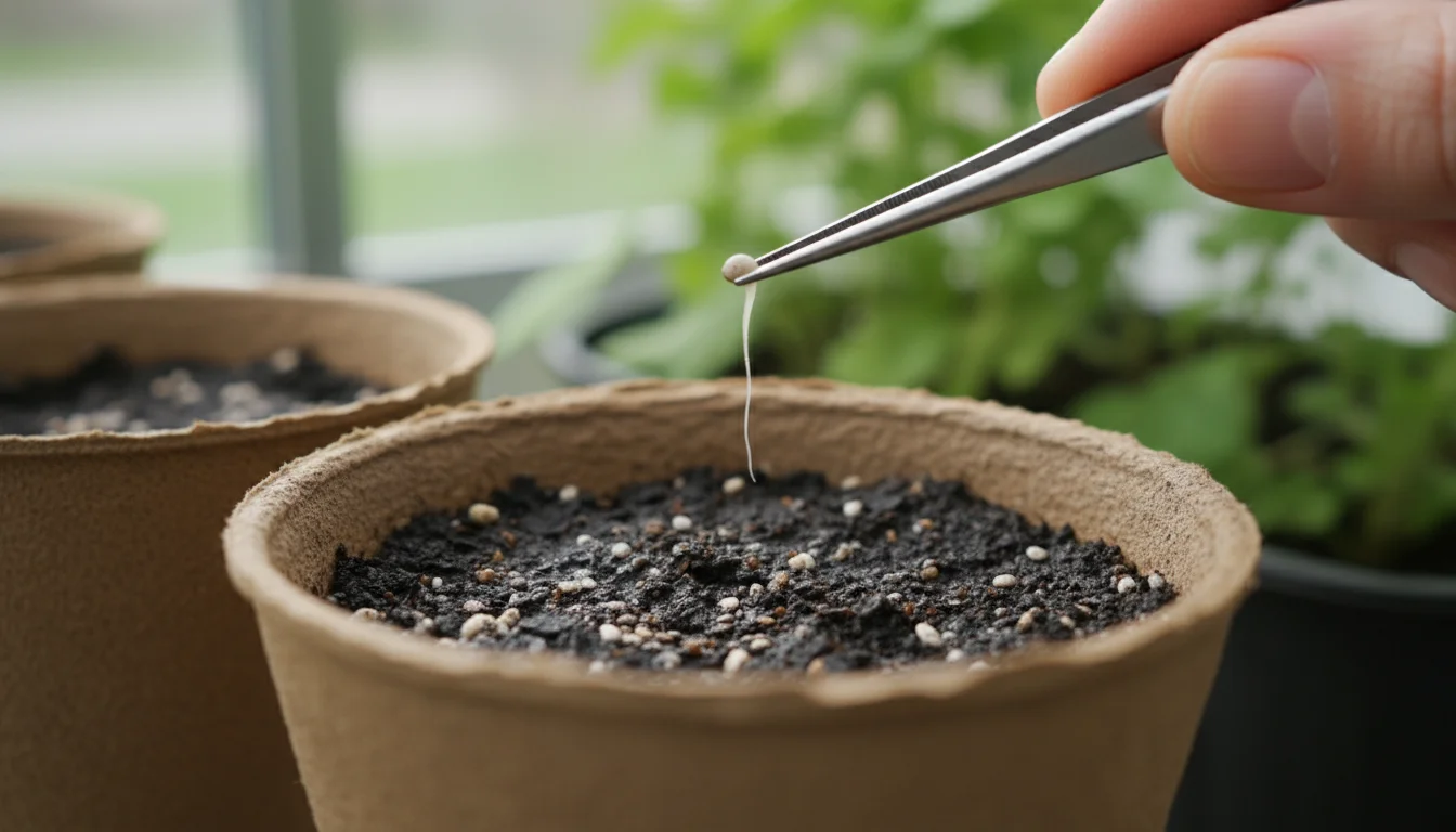 A person's hands gently use tweezers to plant a tiny seed with a fragile white root into a small pot of damp soil.