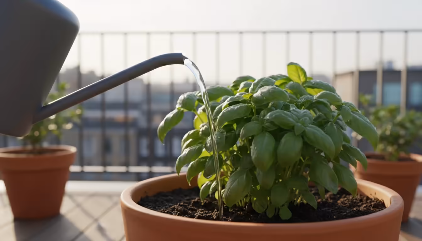 Person's hands using a long-spout watering can to carefully water a lush basil plant in a terracotta pot on a sunny balcony.