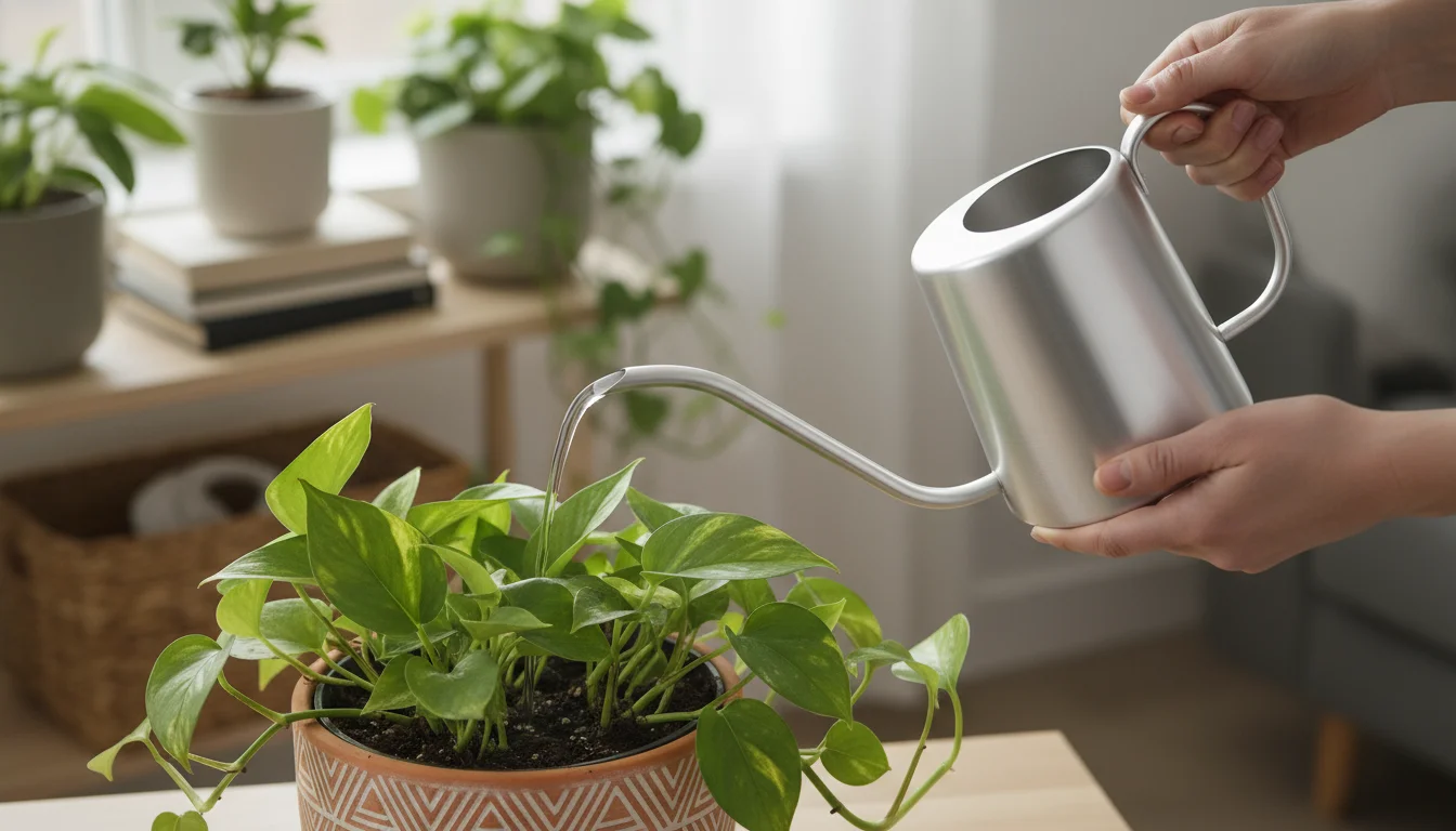 Person's hands using a long-spouted watering can to water a Pothos plant in a terracotta pot without spills. Tidy indoor plant shelf in background.