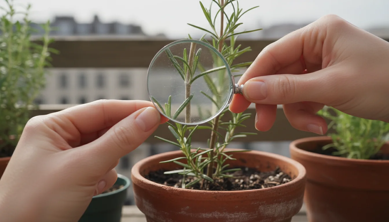 Person's hands using a magnifying glass to inspect a rosemary plant leaf with subtle webbing in a terracotta pot on an urban balcony.