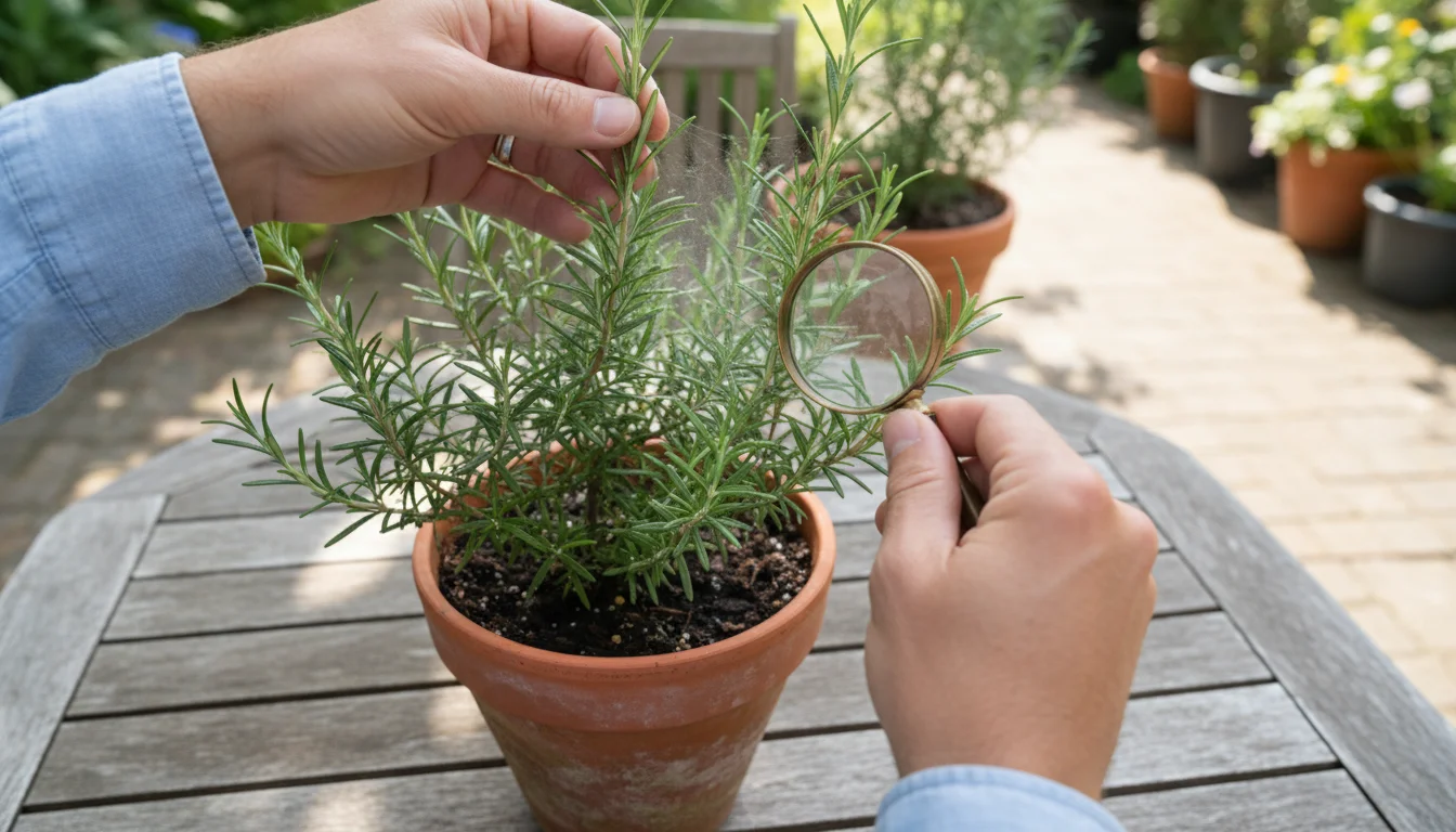Person's hands using a magnifying glass to inspect the underside of a leaf on a potted rosemary plant on a patio table, checking for pests.